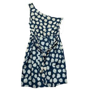 Theory 6 Blue Print Dress One Sleeve Side Zip Belted Silk Spandex